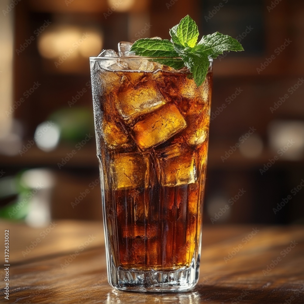 Poster refreshing cola drink with ice cubes and mint garnish on wooden table in warm light setting
