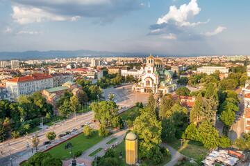Aerial panorama of the city center and Church Alexander Nevsky, Sofia Bulgaria