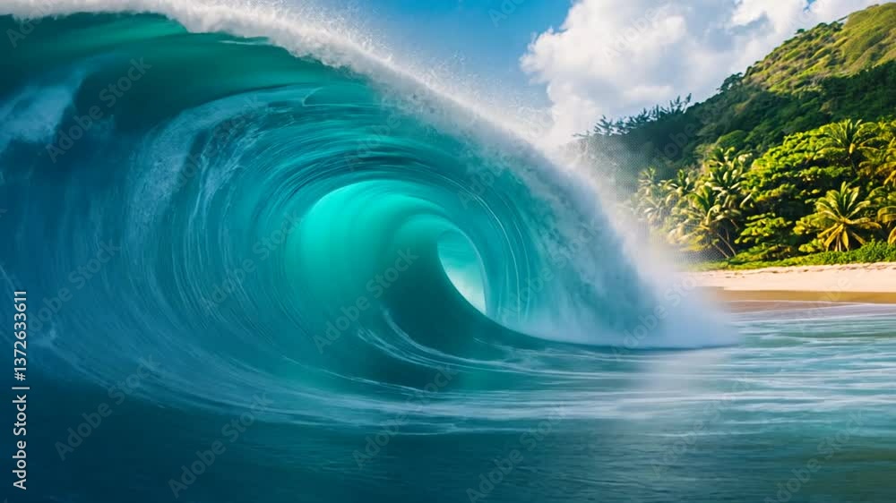 Aufkleber close-up view of a large wave crashing on a tropical beach generative ai