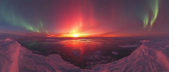 Aurora Borealis and sunset reflect beautifully across a frozen landscape