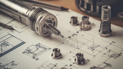 Detailed engineering designs and metallic parts on paper plans