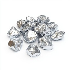 Shiny pile of silver foil nuggets isolated on white background perfect for crafting and artistic projects