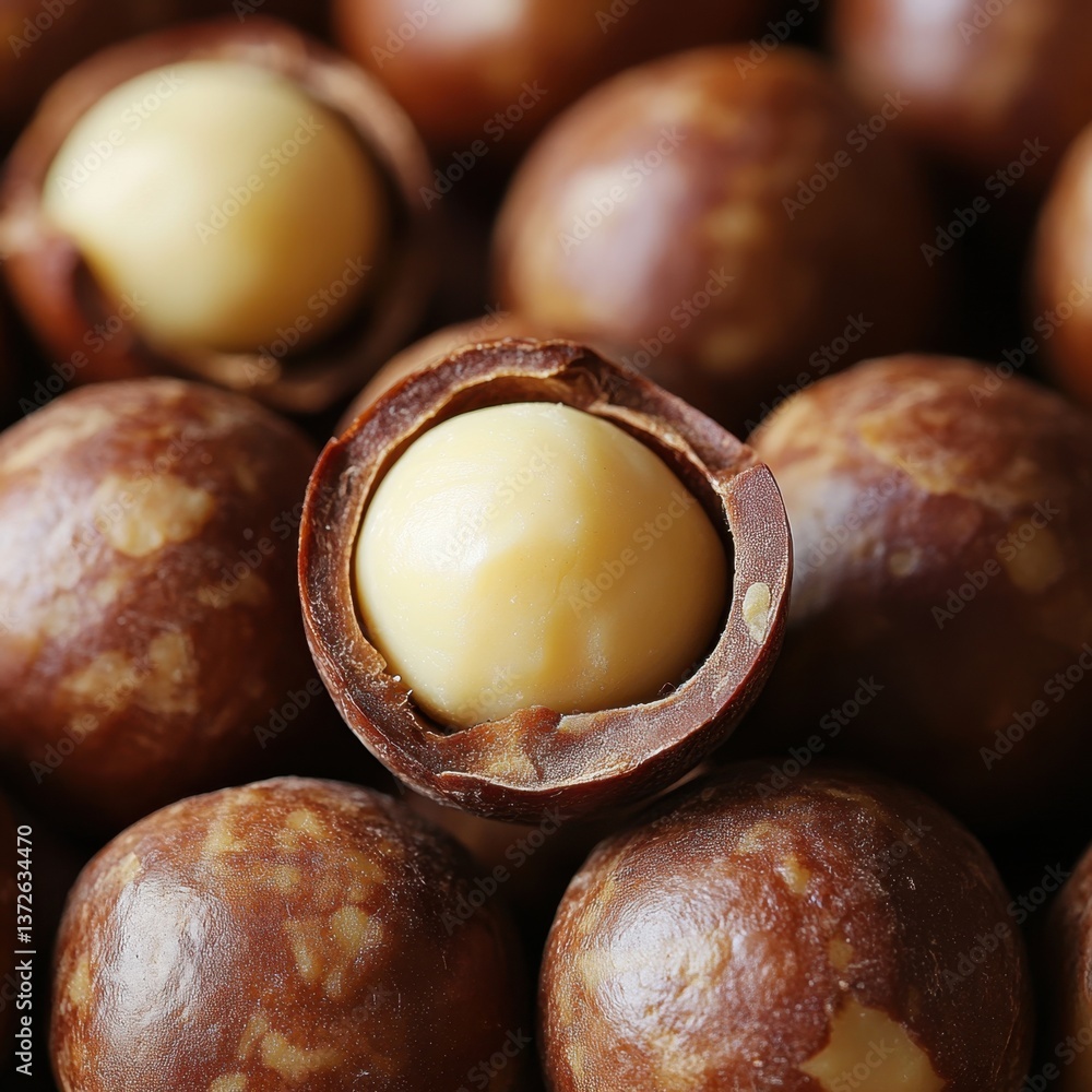 Aufkleber close up of delicious macadamia nuts in shell with a smooth texture and a natural brown color in a h