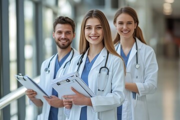Fototapeta premium Portrait of three smiling young doctors in white coats with medical records at a modern hospital