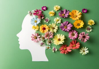 Human head silhouette with an open mind and colorful flowers flying out on a green background, world mental health day concept