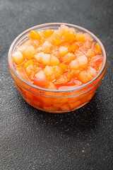 Fruits in syrup organic fruit and berries sweet dessert tasty fresh delicious gourmet food background on the table rustic food top view copy space