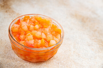 Fruits in syrup organic fruit and berries sweet dessert tasty fresh delicious gourmet food background on the table rustic food top view copy space