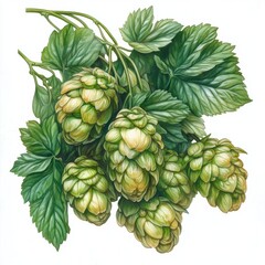 Lithograph style illustration of a bundle of beer hops showcasing natural elements and craftsmanship in artistic design