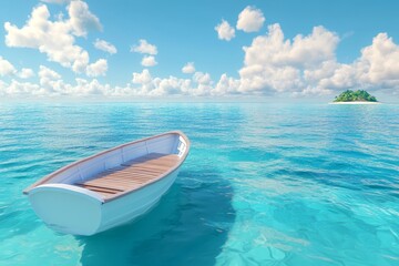 Naklejka premium Serene scene of a white boat on clear blue water with floating clouds and a scenic island background