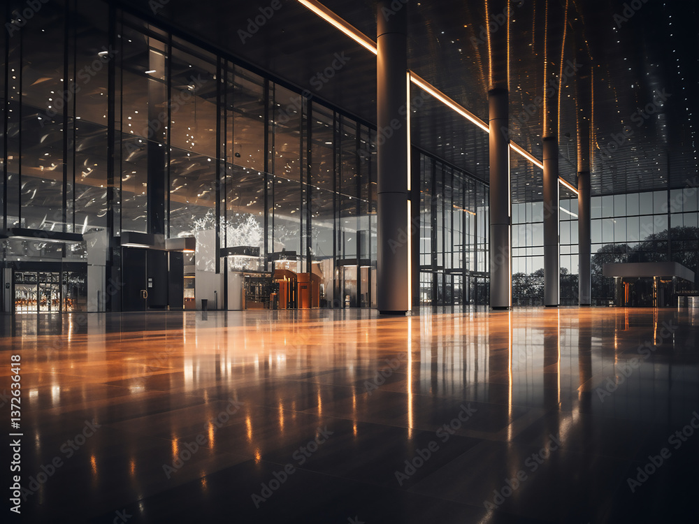 Poster convention center with illuminated event spaces and spotlight beams highlighting structures