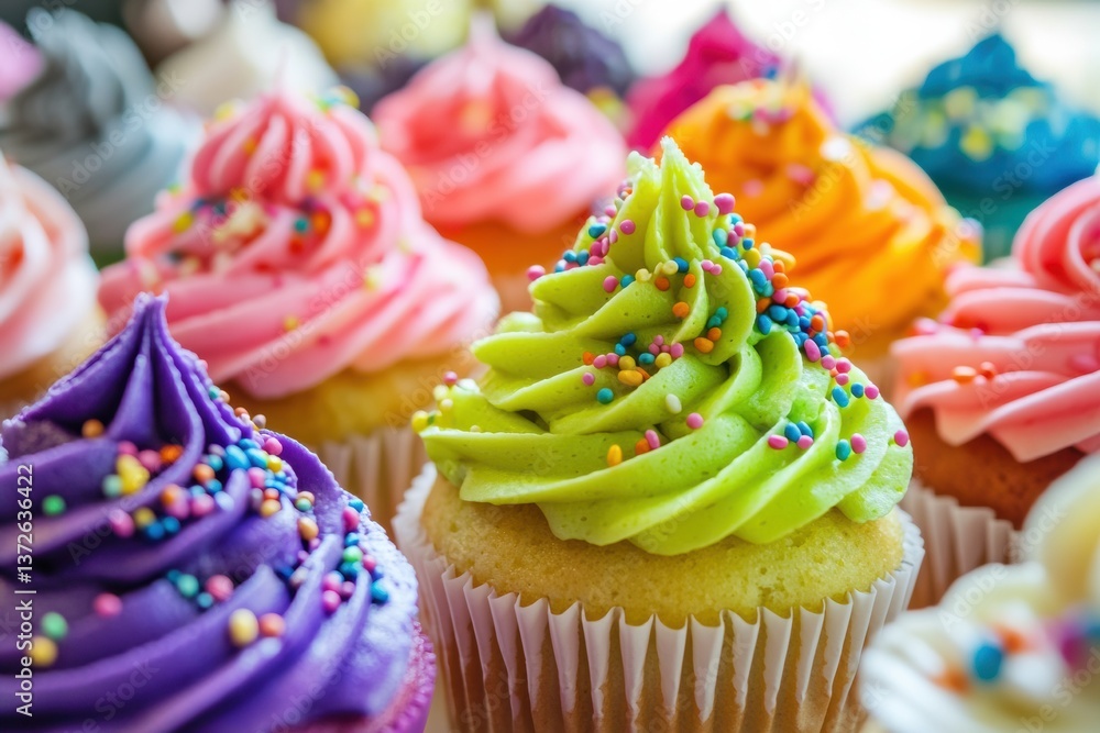 Poster colorful cupcakes with neon icing and rainbow sprinkles create a vibrant bakery display in a close-u