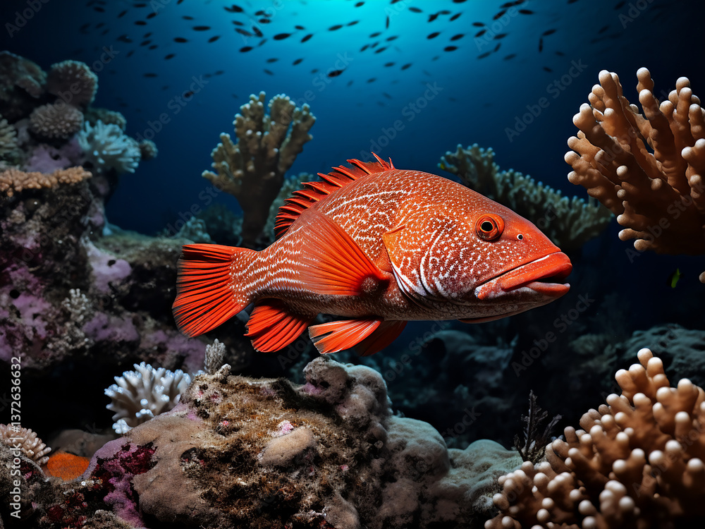 Poster coral grouper hunting smaller fish that hide quickly within the complex reef structure