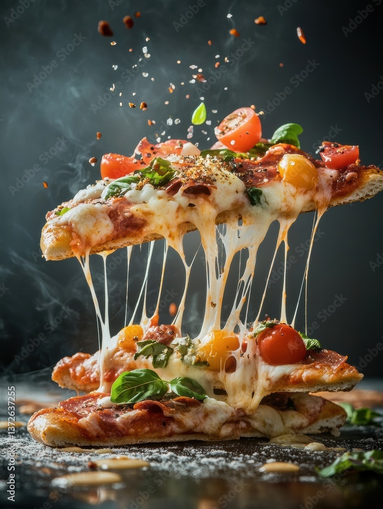 Poster deliciously cheesy pizza slice lifted to reveal vibrant toppings and gooey cheese stretching in dyna