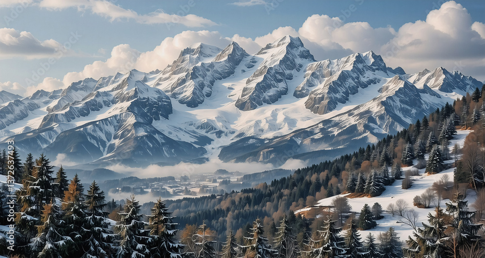 Poster majestic snow-capped mountains dominate the landscape under a bright sky with fluffy clouds. evergre
