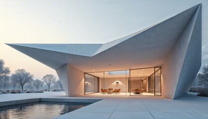Architecture of an unusual house with white colors, stained glass windows, and an outdoor pool, showcasing modern and innovative design