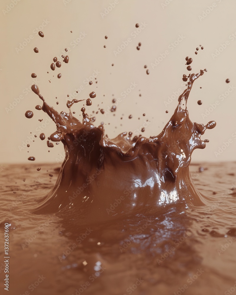 Poster dynamic chocolate splash against a soft beige backdrop capturing movement rich texture and culinary 