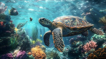Obraz premium Sea Turtle Swimming in a Colorful Underwater Ecosystem