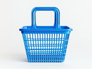 Front view of a bright blue plastic shopping basket with a handle, set against a plain white backdrop.