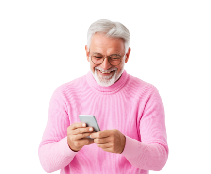 Happy Senior Man with Grey Hair Using Smartphone Smiling Pink Sweater - Powered by Adobe
