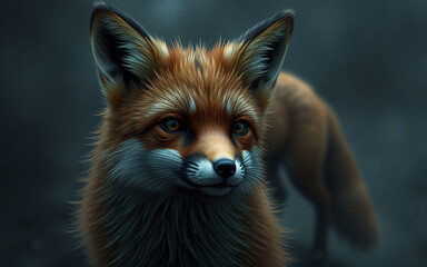 Obraz premium Red fox with soft fur gazes directly. Blurred, dark backdrop highlights its orange and white coat. Nature portrait of a wild animal.