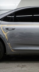 Damaged Silver Car: Close-up of Scratches and Dents on the Side of a Modern Silver Vehicle, Illustrating Car Accidents and the Need for Repair. Ideal for insurance, automotive repair services.