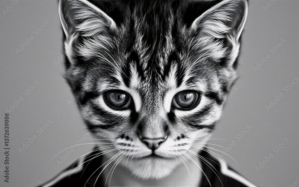 Poster monochrome close-up of a feline with striking stripes and large eyes, seemingly dressed in a collare