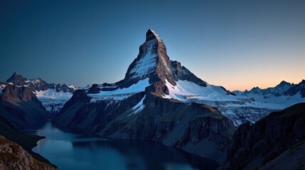 A detailed professional photo of the Matterhorn in Switzerland, Europe, at night with sunny conditions, captured from an ordinary perspective, highlighting the serene beauty.