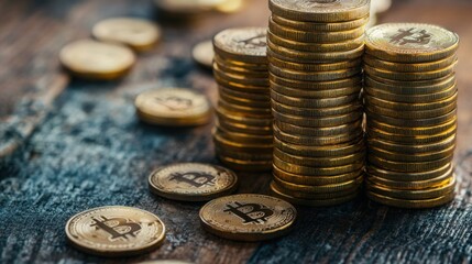 Stacks of shiny gold Bitcoin cryptocurrency coins on rustic wooden surface showing wealth and digital currency investment potential.