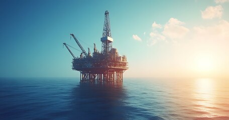 An offshore oil platform sits in the ocean during sunset