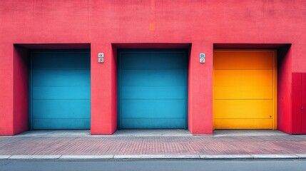Colorful Facade With Blue And Yellow Garage Doors Set Against A Vibrant Red Wall.