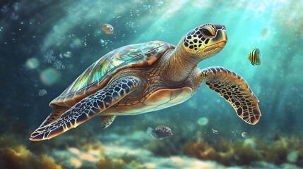 Obraz premium Sea Turtle Swimming in a Colorful Underwater Ecosystem