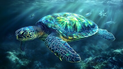 Fototapeta premium Sea Turtle Swimming in a Colorful Underwater Ecosystem