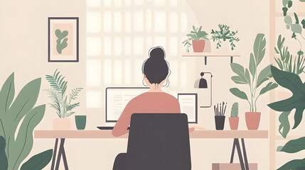 Fototapeta premium Freelancer working on a laptop in a minimalist home office with plants and personal touches around realistic 
