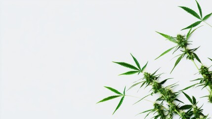 Fototapeta premium Lush green cannabis sativa plants with buds arranged artistically on a clean white background providing ample copy space for text or design elements perfect for medical or
