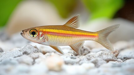 Fototapeta premium A vibrant, small golden fish with a distinctive red stripe swims gracefully amidst smooth white aquarium gravel in a clear close-up shot.