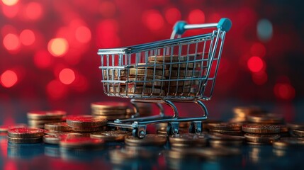 A miniature shopping cart overflowing with gold coins sits on a reflective surface surrounded by more coins against a bokeh background of red lights signifying consumerism and