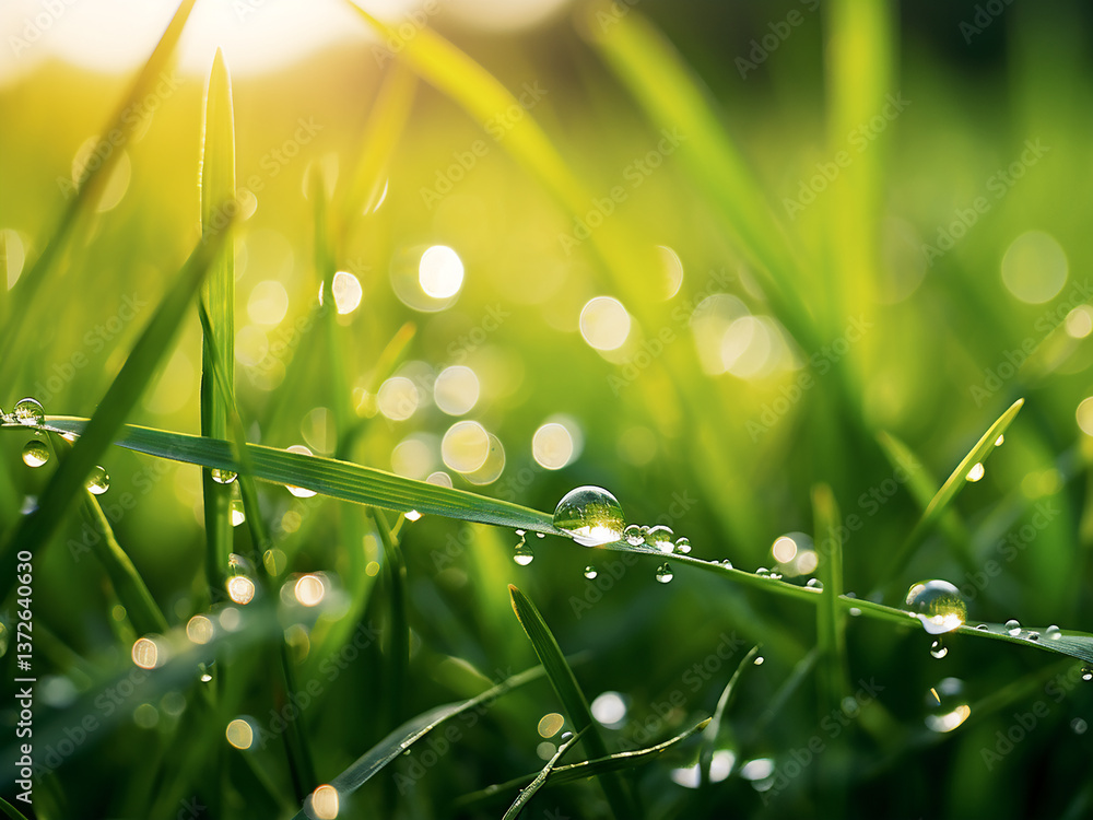 Poster dewdrops on grass blades sparkling in the morning light creating a soft bokeh effect