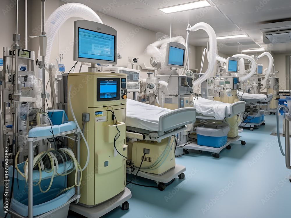 Poster quiet dialysis center with smoothly running machines and nurses checking treatments regularly
