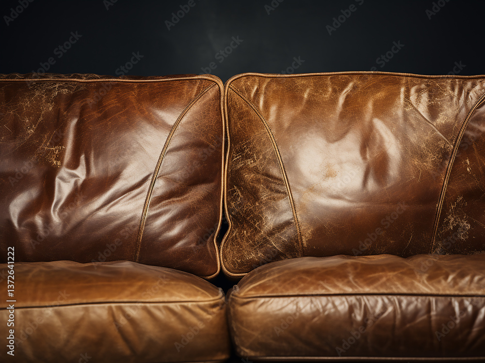 Poster distressed leather sofa showing wear patterns developing with surface softening and a lived-in look