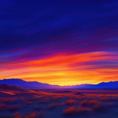 Obraz premium Vivid hues paint the desert dusk, a horizon ablaze with fiery skies