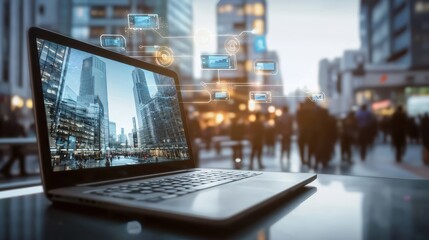 Digital innovation in urban spaces laptop showcasing cityscape modern environment dynamic perspective