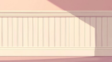 Pastel pink room with light beige wood paneling and sunlight shadows.
