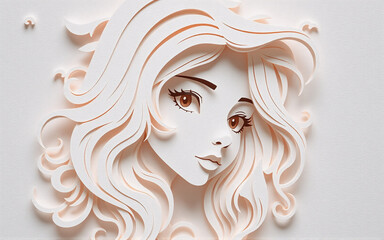 Elegant paper artwork of a woman's face. Minimalist and serene style with delicate layers and flowing lines in soft beige tones. Beautiful, crafted portrait.