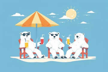 Naklejka premium Polar bears relaxing on beach chairs with refreshing drinks