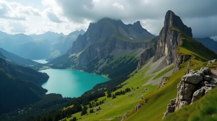Obraz premium A high-quality photo of Mount Pilatus in Switzerland, Europe, at midday, during rainy conditions, captured from above, showing the lush scenery and overcast skies.