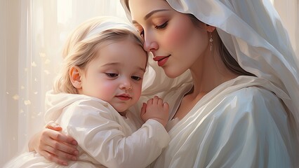 A serene illustration of a mother holding a child,