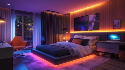 Modern bedroom for a teenager, with neon purple and blue lights creating a vibrant look. 