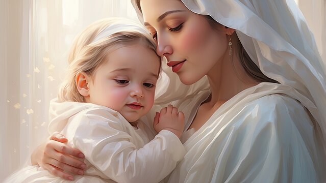 A serene illustration of a mother holding a child,