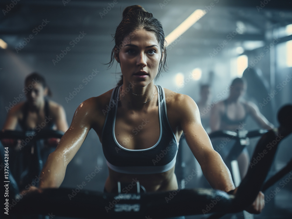 Poster endurance training zone with strategically positioned machines and ventilation to build stamina