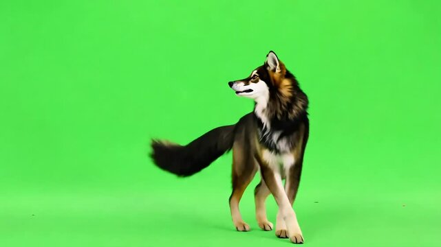 A majestic, mixed-breed wolfdog stands alert against a vibrant green backdrop